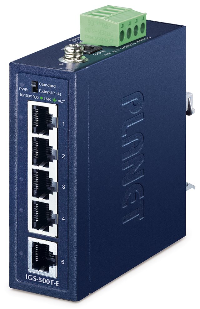 Planet IGS-500T-E, 5x 1000Base-T, DIN, IP40, rozšířený teplotní rozsah -40 až +75C, ESD+EFT do 6kV, dual 12~55VDC, 250m