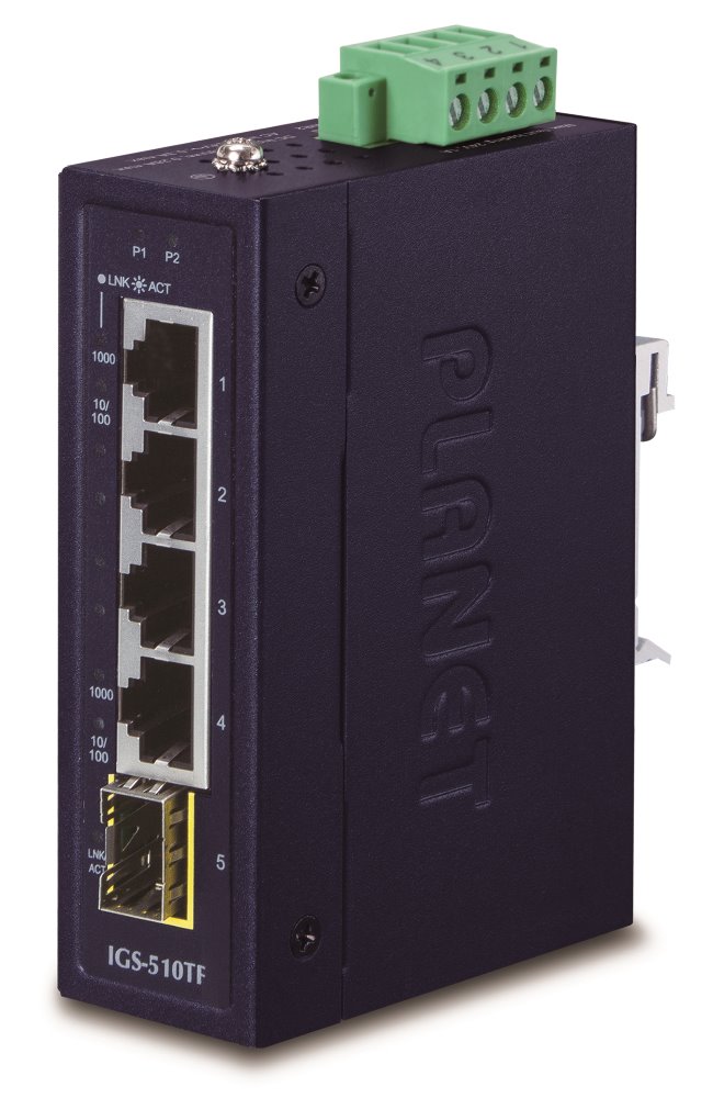PLANET IGS-510TF Průmyslový Switch 4x 1000Base-t, 1x SFP, dual power, 9-48VDC, -40 +75°C