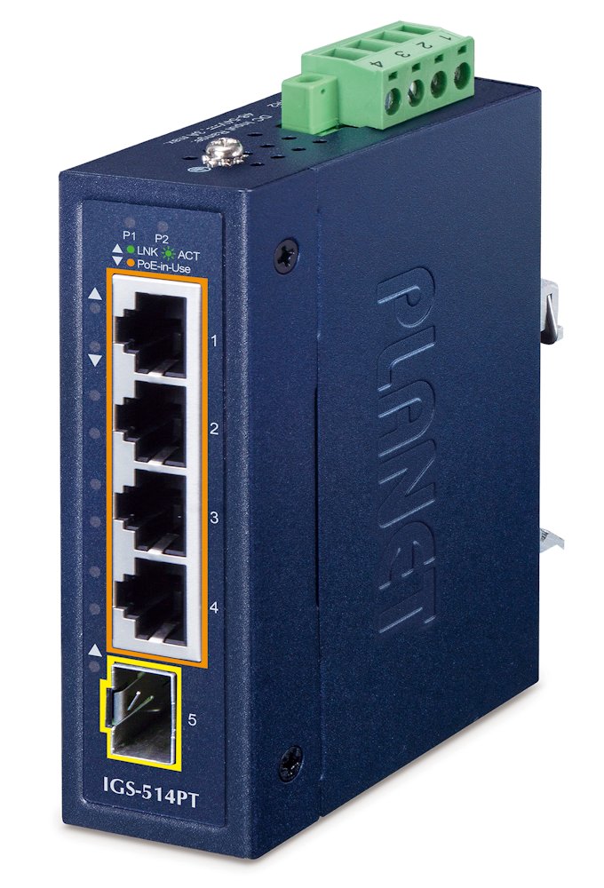 Planet IGS-514PT kompaktní průmyslový L2/L4 switch, 4x1Gb, 1x1G SFP, 4x1Gb PoE+ 802.3at 120W, -40~75°C, IP30, fanless