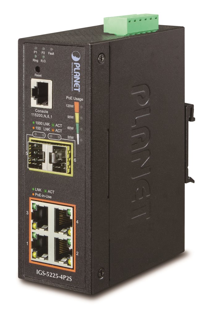 Planet IGS-5225-4P2S, PoE 4x 1000Base-T, 2x SFP(DDM), L2/L3, SNMPv3,-40 až 75°C, 2x DC, IP30, 802.3at 144W