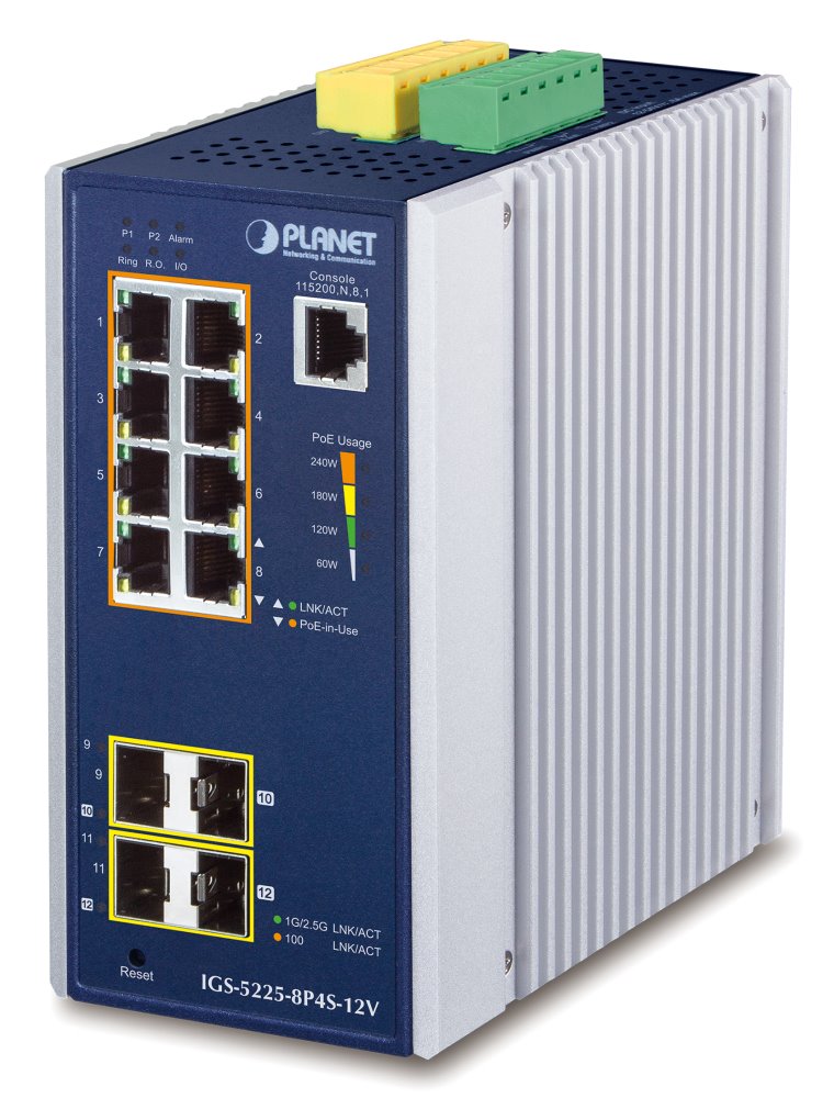 Planet IGS-5225-8P4S-12V průmysl L2/L3 PoE switch, 8x1Gb, 4xSFP, 8xPoE 802.3at 30/240W -40až75°C, dual12-54VDC, IP30