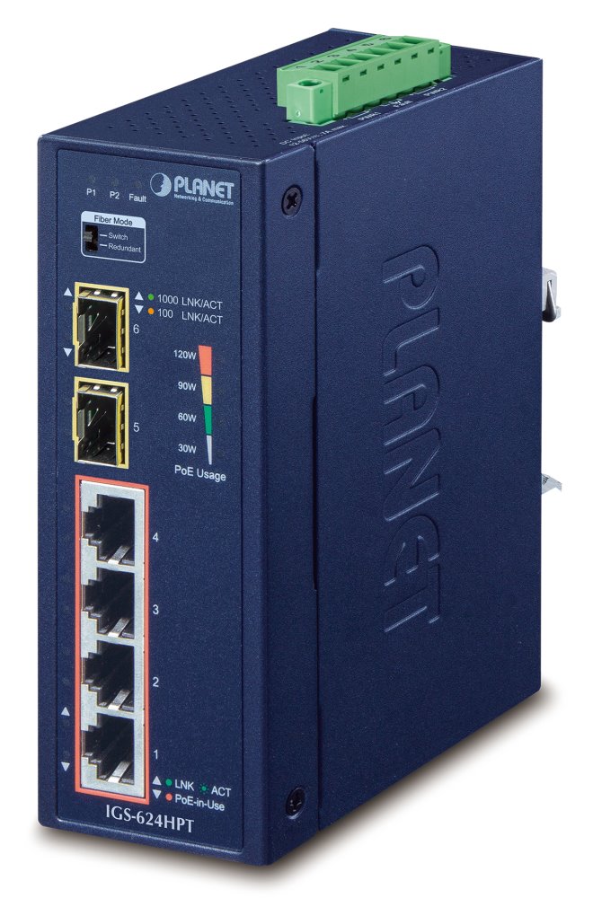 PLANET IGS-624HPT Průmyslový Switch 4x 1Gb RJ-45 + 2x 1Gb SFP, PoE+ 802.3at 36/120W, IP40, DC12-56V, -40/+75°C, fanless