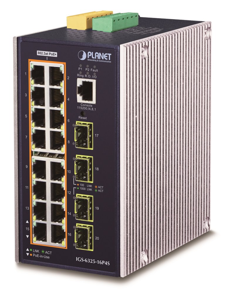 Planet IGS-6325-16P4S, 16x 1000Base-T, 4x 1000Base-T, L3 WEB/SNMPv3, -40 až 75°C, AC+DC, IP30, PoE 440W, fanless