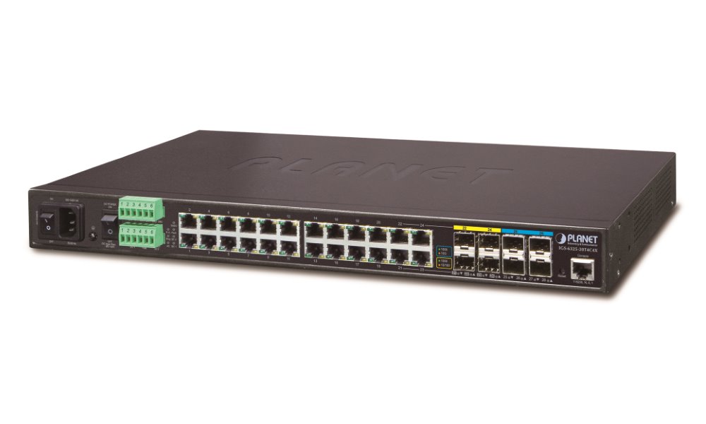 Planet IGS-6325-20T4C4X, 24x 1000Base-T,4x 10Gb SFP+, 4x SFP, L3, WEB/SNMPv3, -40 až 75°C, AC+DC, IP30, fanless