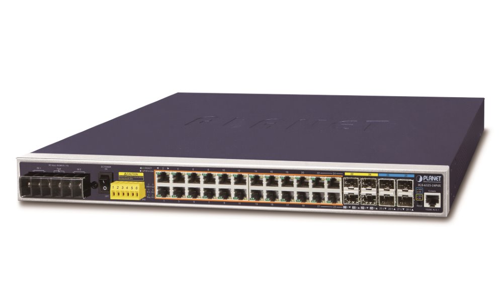 Planet IGS-6325-24P4X, 24x 1000Base-T, 4x 10Gbit SFP+, L3 WEB/SNMPv3, -40 až 75°C, AC+DC, IP30, PoE 440W, fanless