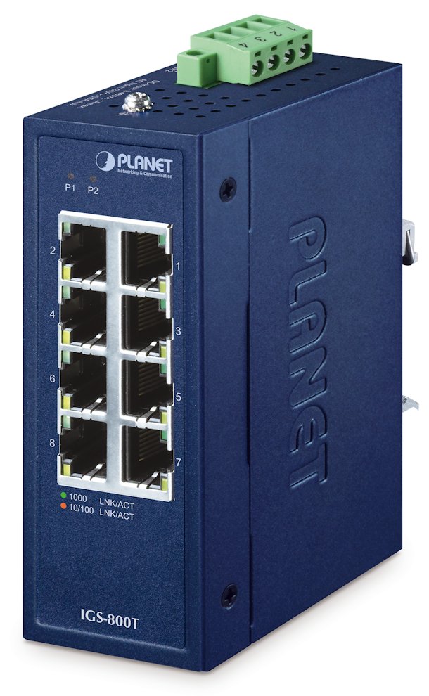 Planet IGS-800T Kompaktní Průmyslový Switch 8x1Gb RJ45, -40 +75°C, IP30, EFT+ESD, 9-48VDC, fanless