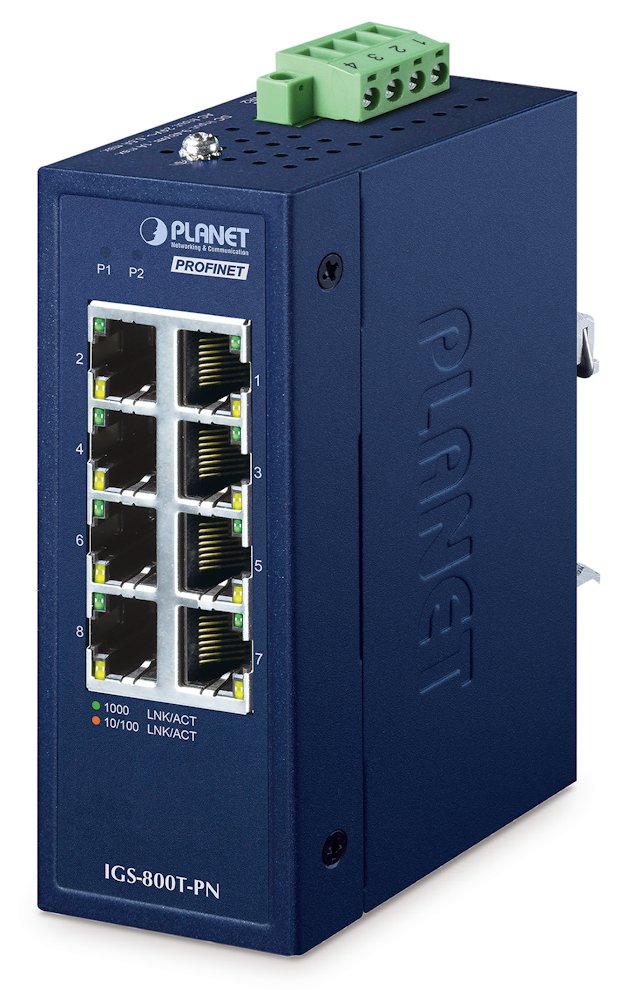 Planet IGS-800T-PN Kompaktní Průmyslový PROFINET Switch 8x1Gb RJ45, -40 +75°C, IP30, EFT+ESD, 9-48VDC, fanless