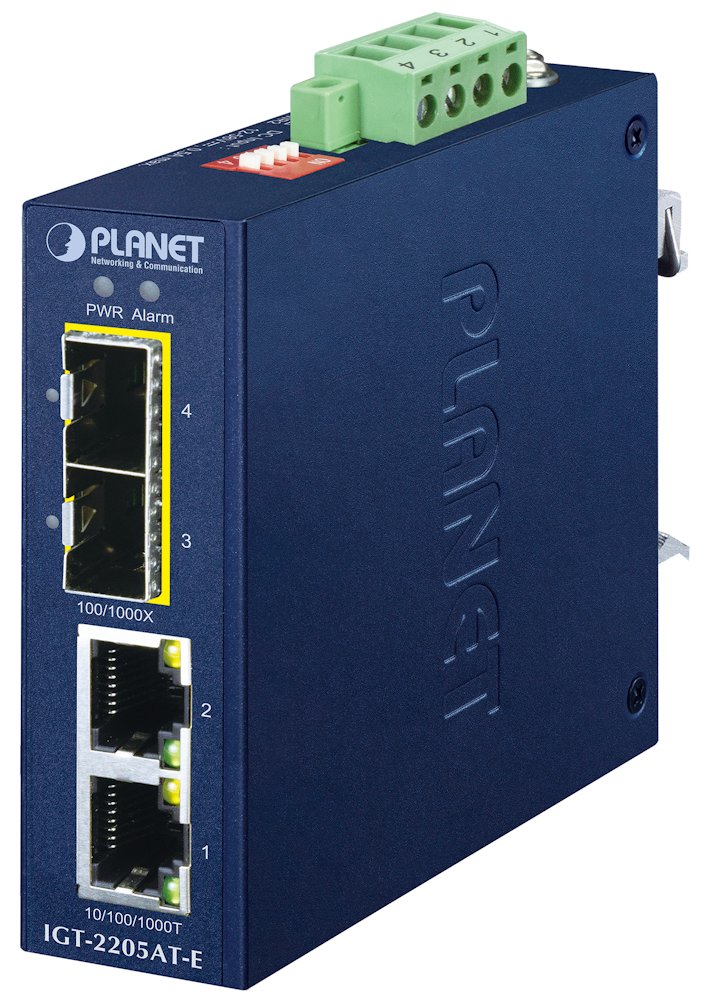 Planet IGT-2205AT-E průmyslový kompaktní konvertor 2x1GBASE-T to 2x1GBASE-X SFP, IP40, -40~75°C, 12-58VDC