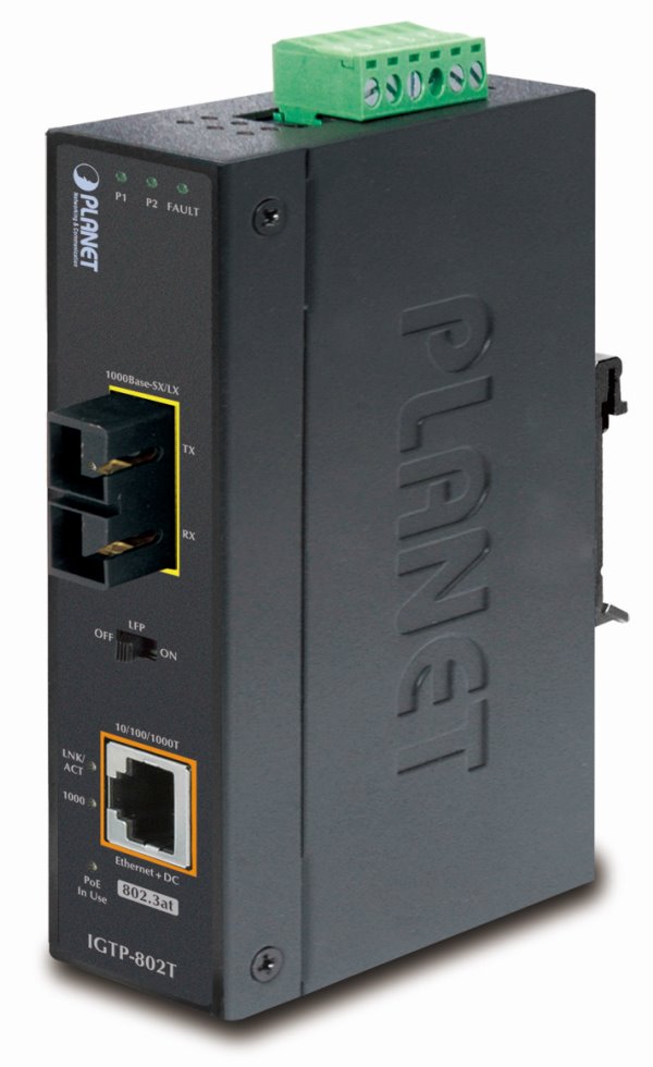 PLANET IGTP-802T konvertor RJ45/SC, 1Gbps, PoE injektor 802.3at, -40 až 75 st.C, IP30, ESD 12-48 V DC