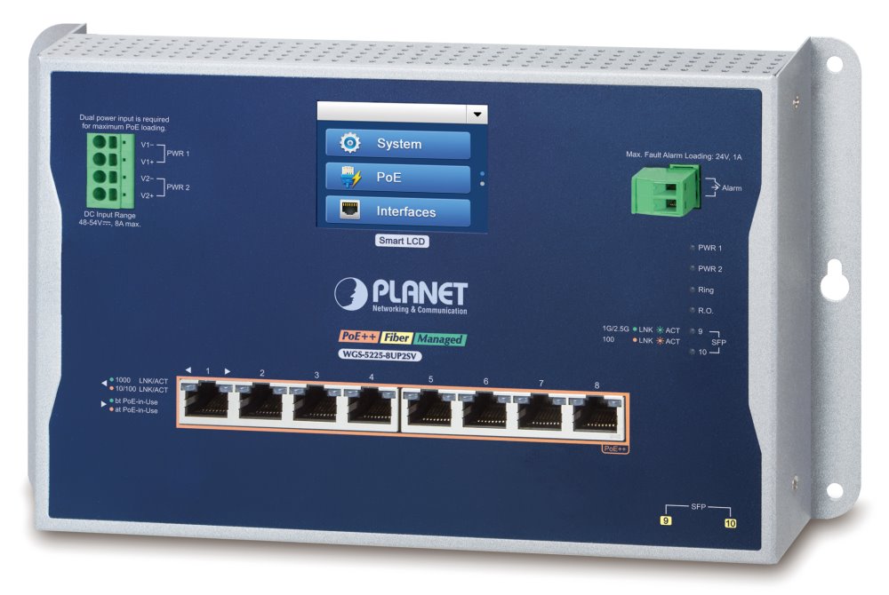 Planet Industrial L2+ 8-Port 10/100/1000T 802.3bt PoE + 2-Port 1G/2.5G SFP Wall-mount Managed Switch wit WGS-5225-8UP2SV