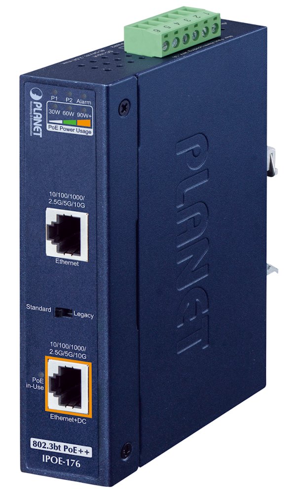 Planet IPOE-176, Ultra PoE++ průmyslový injector 802.3bt do 95W, vstup 48-54V, 10 Gb, DIN, IP30, -40~75st.