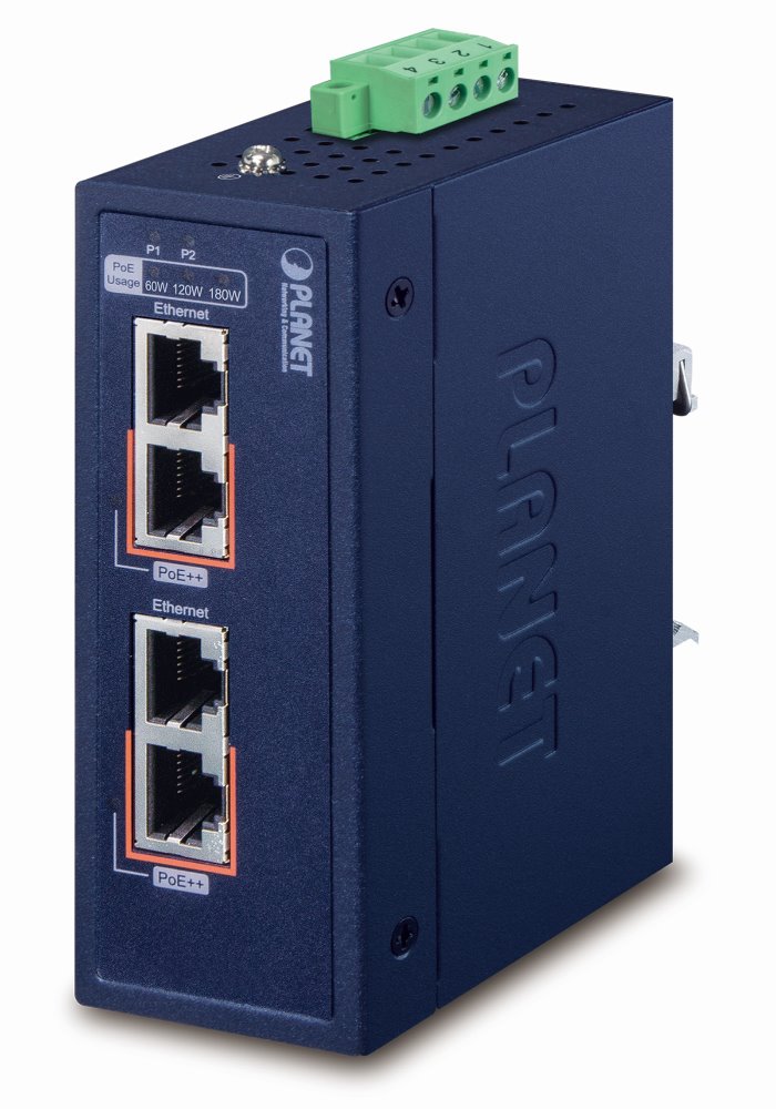 Planet IPOE-270 PoE průmyslový injektor, 2x port, 4x 1/2.5/5Gb, 2x 802.3bt 180W, DIN, IP30, -40~75°C, 12-56 IPOE-270-12V