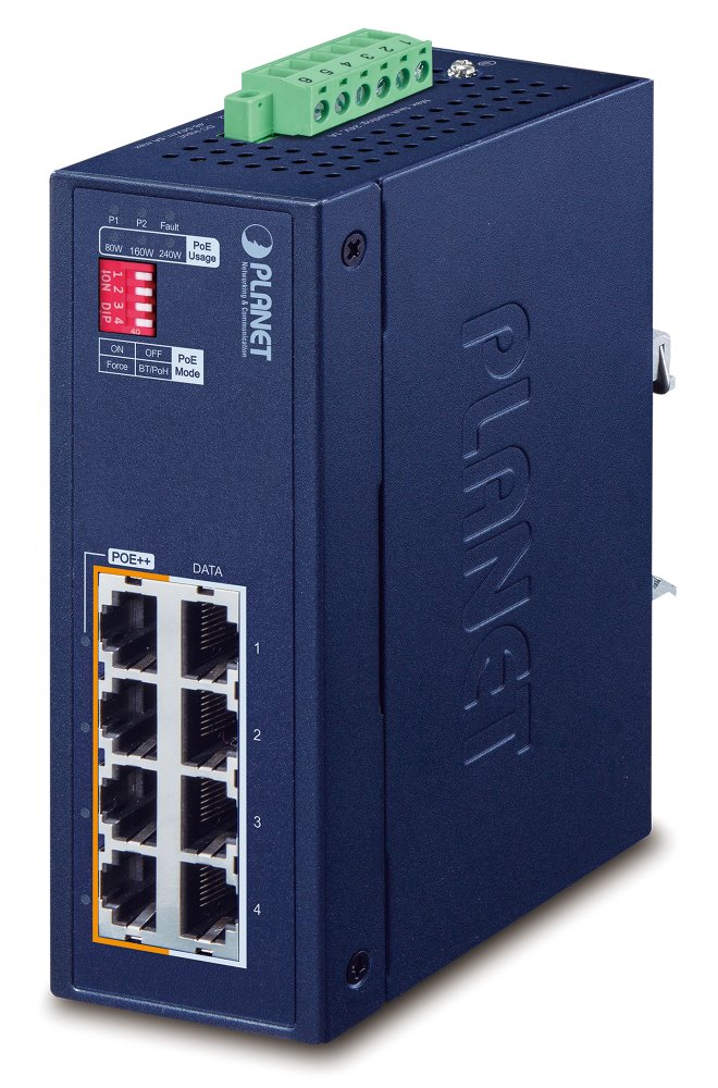 Planet IPOE-470 PoE průmyslový injektor, 8x 1Gb, 4x 802.3bt 95/240W, DIN, IP30, -40~75°C, 48-54VDC