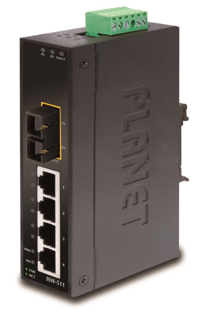PLANET ISW-511 Průmyslový Switch 4x 10/100M + 1x 100 MM SC, -10~+60°C, 48VDC, DIN