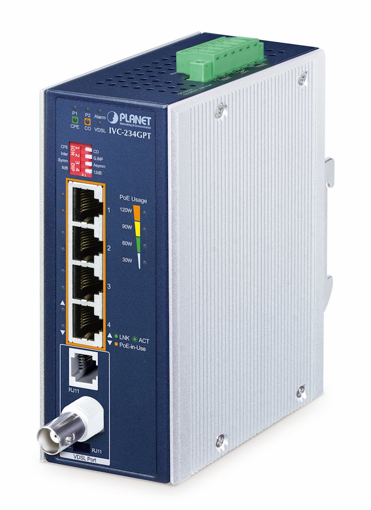 Planet IVC-234GPT, VDSL2 průmyslový ethernet konvertor, 4x 1Gb 802.at PoE+, profil 17a/30a/35b,G.993.5 G.Vectoring,G.IN