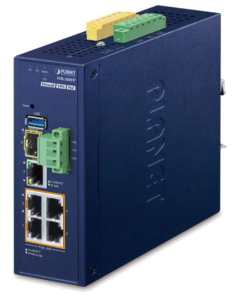 Planet IVR-300FP Enterprise router/FW VPN/VLAN/QoS/HA/AP kontr, 2xWAN(SD-WAN), 3xLAN,1xSFP,4xPoE, IP30,-40/75st,48-54VD