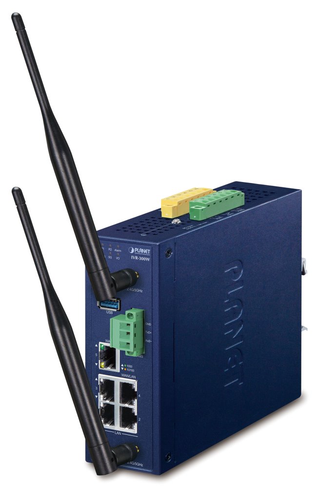 PLANET IVR-300W průmyslový router, firewall, VPN, DoS, 2x WAN, 3x LAN, SD-WAN, Wi-Fi, fanless, IP30, -40až+75°C, 9-54VD