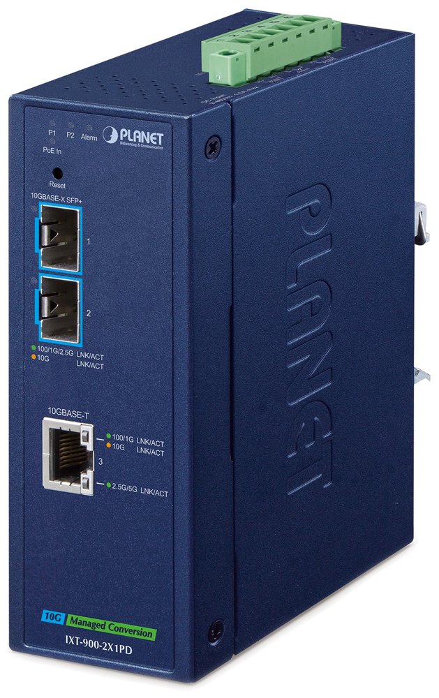 Planet IXT-900-2X1PD průmyslový konvertor 1x 10G Base-T PoE PD / 2x SFP+ 10GBase-X, IP40,-40~75°C, dual power, SNMP