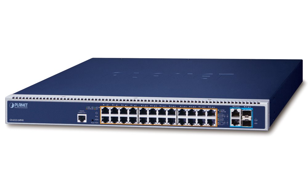 PLANET L3 PoE switch 24x 1GE, 2x 10GE TP, 2x 10G SFP+, PoE 802.3bt 95/2280W, 2x slot pro zdroj GS-6322-24P4X
