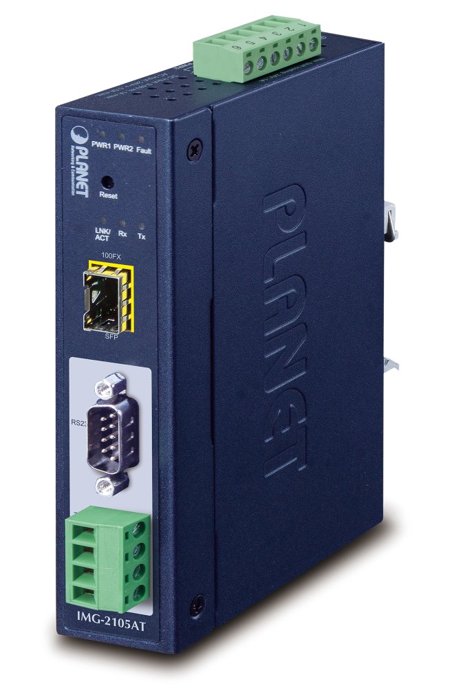 PLANET MODBUS průmyslová brána RS-232/422/485 na IP, 1x COM, 100Base-FX SFP, RTU/ACSII, -40až+75°C, 9-48VDC, IMG-2105AT