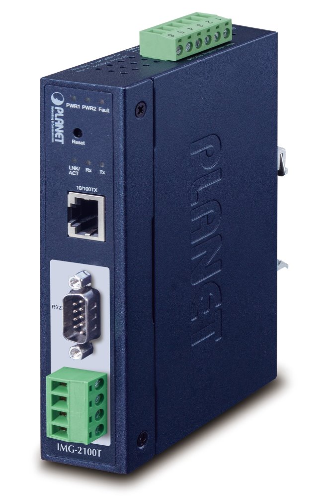 PLANET MODBUS průmyslová brána RS-232/422/485 na IP, 1x COM, 100Base-TX, RTU/ACSII, -40až+75°C, 9-48VDC, IP30 IMG-2100T