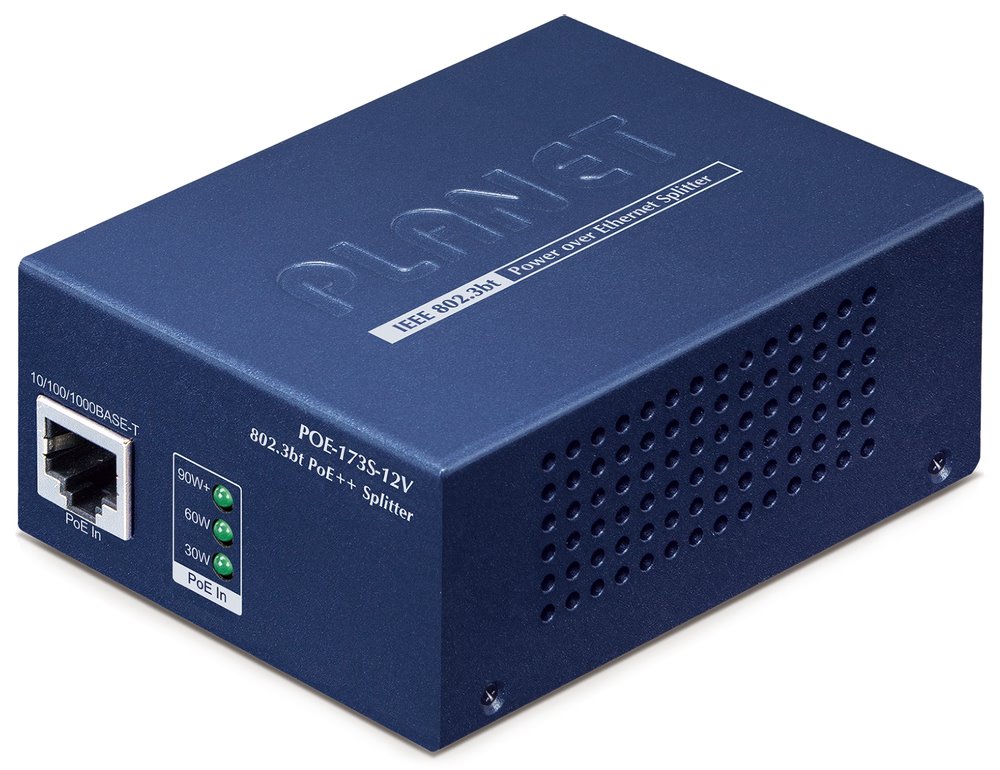 Planet POE-173S-12V, PoE++ splitter, IEEE802.3bt, výstup 12V DC, DIN, 0~50°C