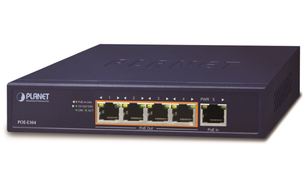 Planet PoE/LAN extender, 1xPoE-in, 4xPoE-out 65W, 802.3bt/at/af, Gigabit POE-E304v2