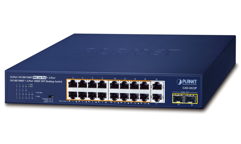 PLANET PoE switch 16x1Gb + 2xSFP 1Gb, VLAN, extend mód 10Mb-250m, PoE 802.3at 30/185W GSD-2022P