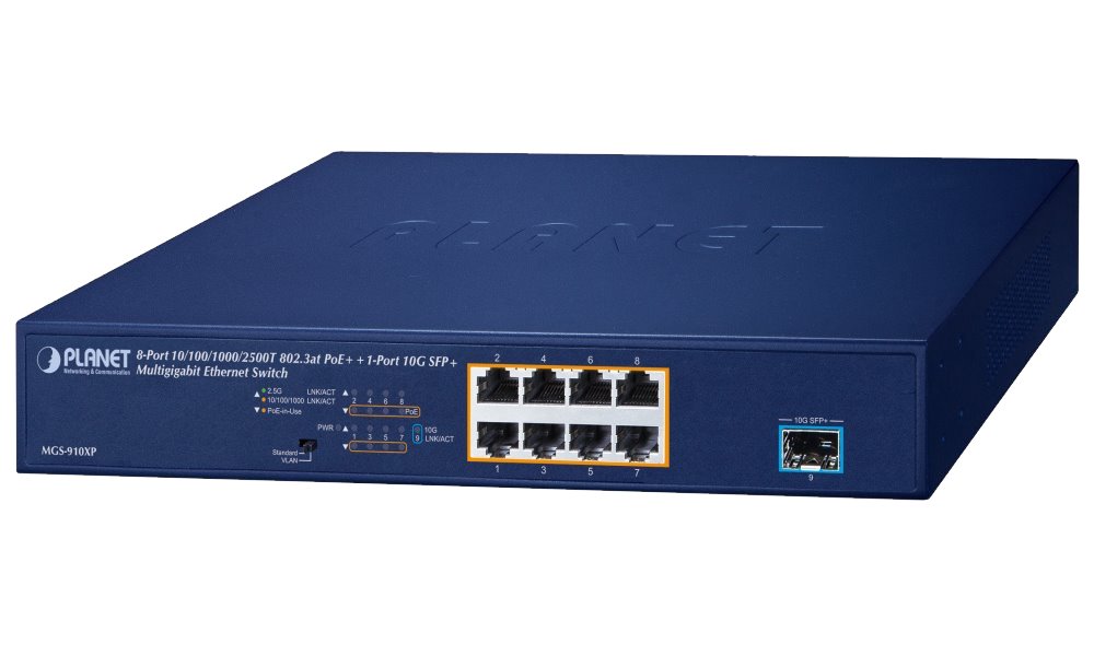 Planet PoE switch 8x1Gb/2.5Gb + 1xSFP+ 10Gb, VLAN, PoE 802.3at 120W MGS-910XP