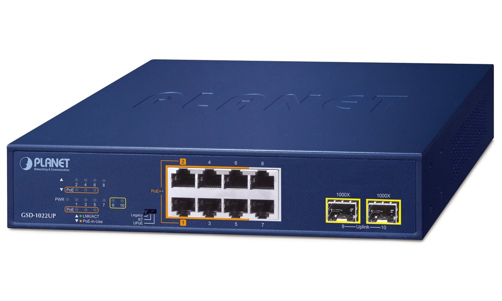 Planet PoE switch 8x1Gb + 2xSFP 1Gb, PoE 180W, 2x 802.3bt + 4x 802.3at GSD-1022UP