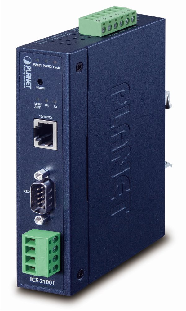 PLANET průmyslový konvertor RS-232/422/485 na IP, 1x COM, 1x 100Base-TX, 9-48VDC, -40~+75°C, IP30, SNMP+Telnet ICS-2100T