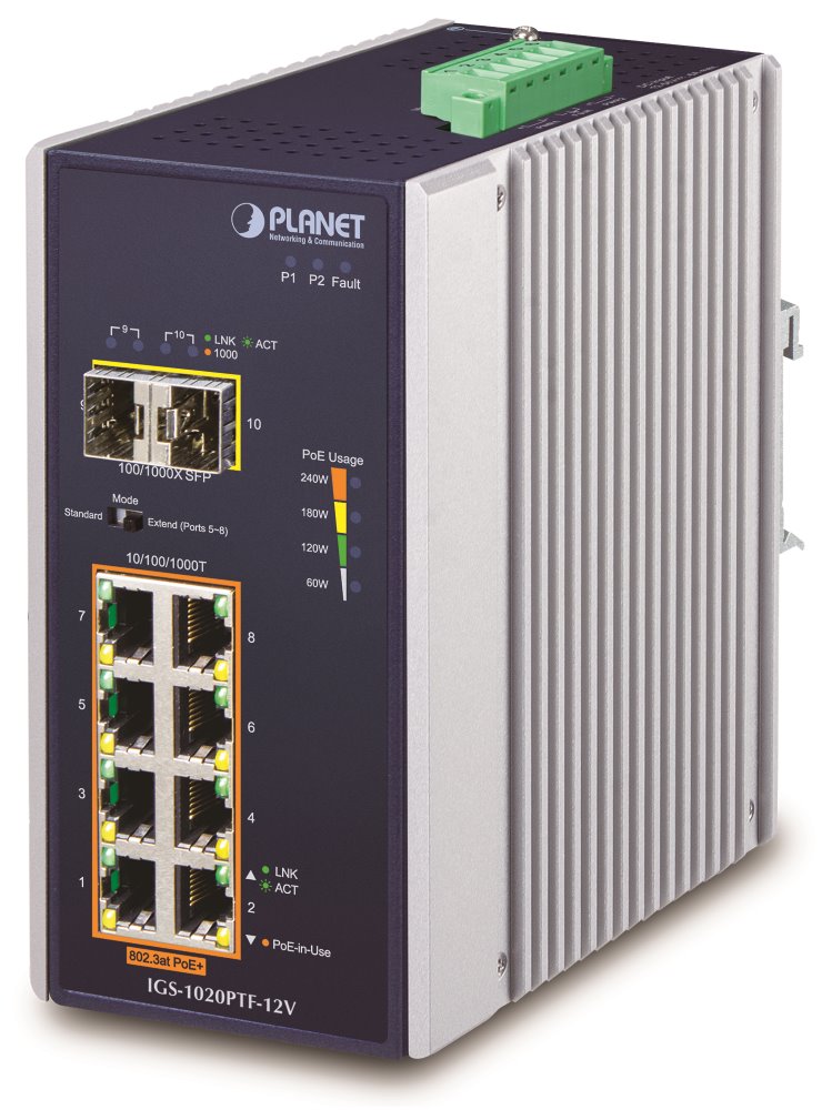 PLANET Průmyslový L2 PoE 1Gbps switch, 8xTP + 2xSFP, 802.3at 30/240W, IP30, -40~+75°C, 12-56VDC IGS-1020PTF-12V