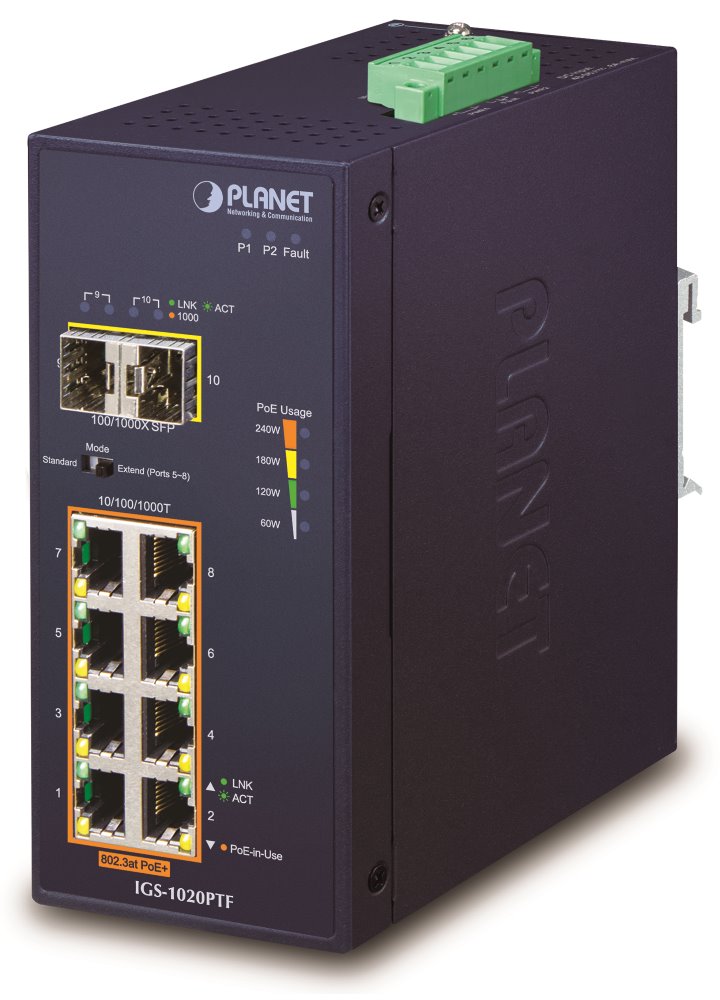 PLANET Průmyslový L2 PoE 1Gbps switch, 8xTP + 2xSFP, 802.3at 30/240W, IP30, -40~+75°C, 48-56VDC IGS-1020PTF