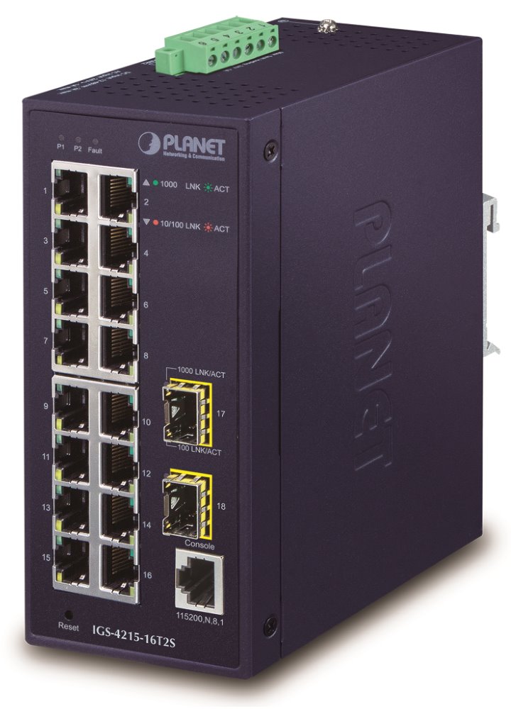 Planet průmyslový L2 switch 16x 1Gb TP + 2x SFP, IP30, -40 až 75°C, SNMP, 12-48VDC/24VAC IGS-4215-16T2S