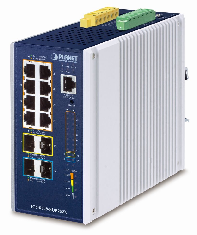 Planet průmyslový L3 PoE switch,8x1Gb +2x1Gb/2,5Gb SFP +2x10Gb SFP+, 802.3bt 90/360W,-40 až 75°C, dual IGS-6329-8UP2S2X