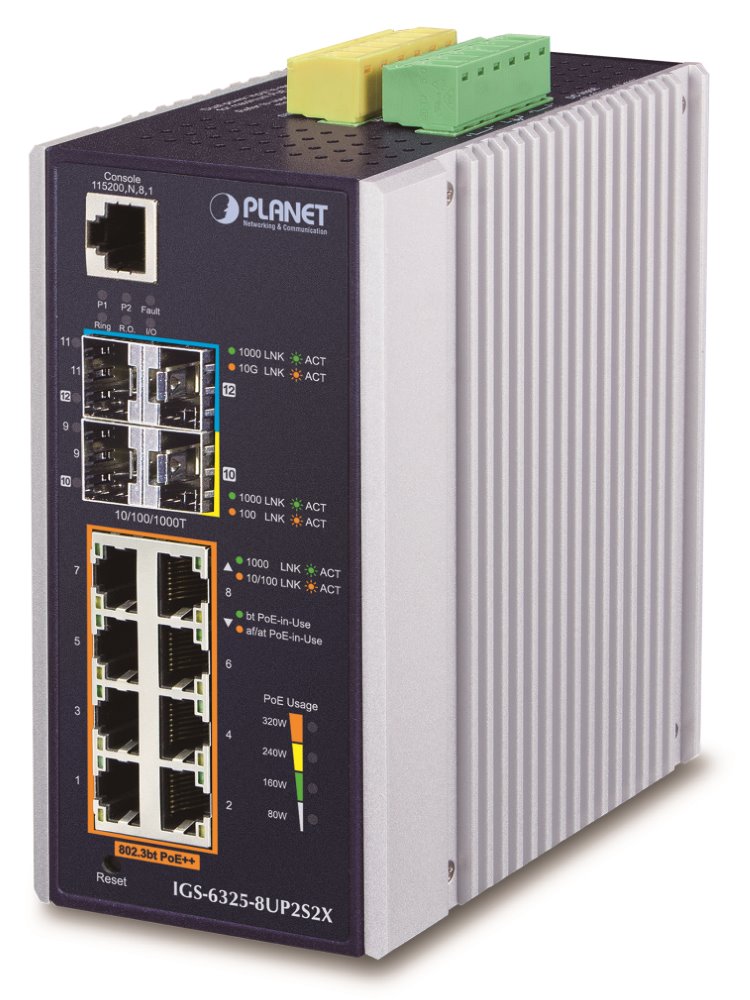 Planet průmyslový L3 PoE switch, 8x1Gb + 2x1Gb SFP + 2x10Gb SFP+, 802.3bt 90/360W, -40 až 75°C, dual 48 IGS-6325-8UP2S2X