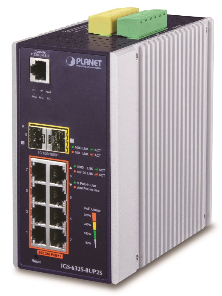 Planet průmyslový L3 PoE switch, 8x1Gb + 2x1Gb SFP, 802.3bt 90/360W, -40 až 75°C, dual 48-56VDC, fanless IGS-6325-8UP2S