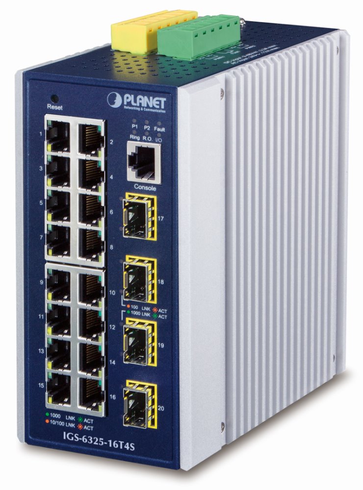 Planet průmyslový L3 switch, 16x1Gb + 4x1Gb SFP, -40 až 75°C, dual 9-48VDC, IP30, fanless IGS-6325-16T4S