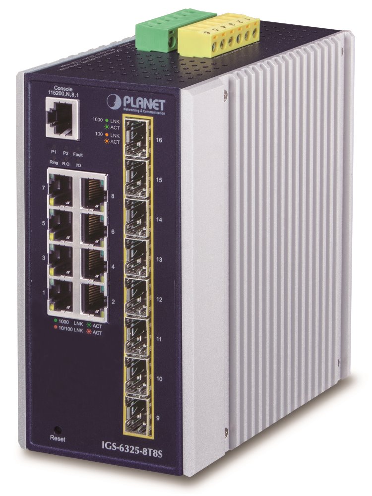 Planet průmyslový L3 switch, 8x1Gb + 8x1Gb SFP, -40 až 75°C, 12-48VDC, IP30, fanless IGS-6325-8T8S