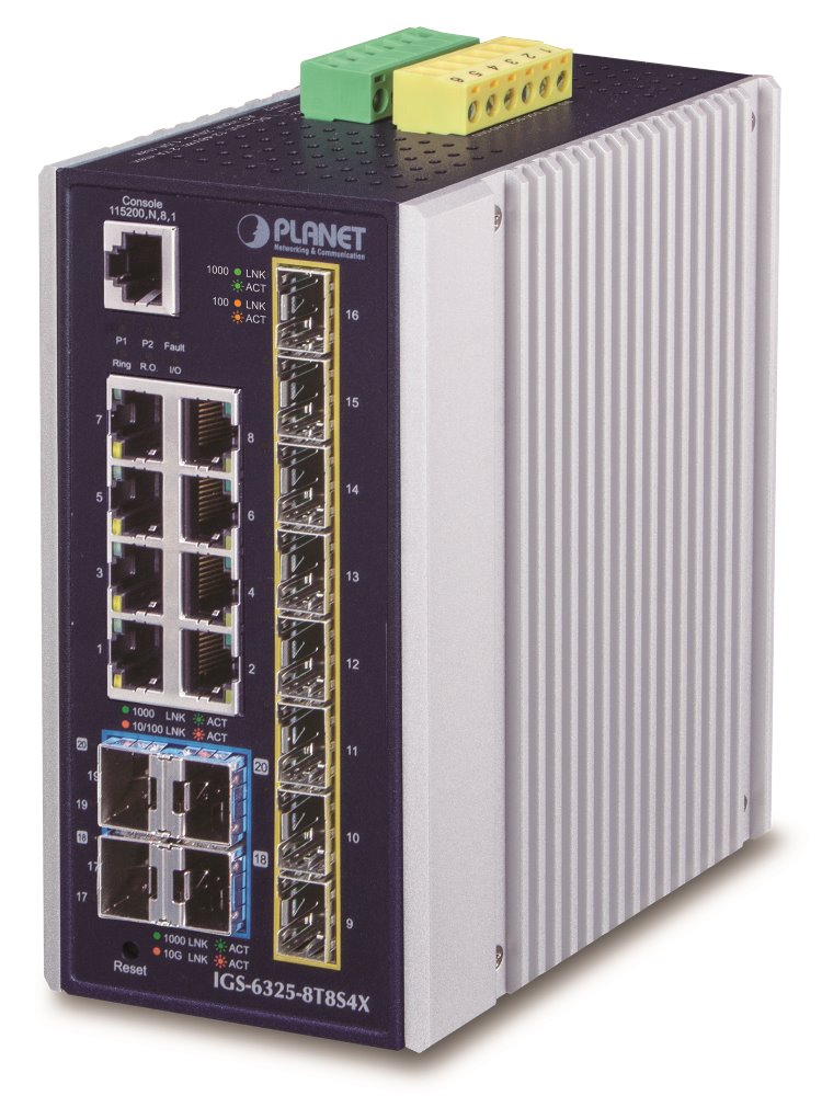 Planet průmyslový L3 switch, 8x1Gb + 8x1Gb SFP + 4x 10Gb SFP+, -40 až 75°C, 12-48VDC, IP30, fanless IGS-6325-8T8S4X