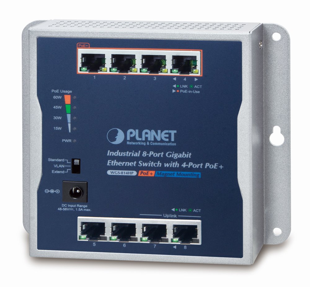 PLANET průmyslový/nástěnný PoE switch 8x 1Gb, 4x PoE 802.3at 30/60W, IP30, 48-56V, -20/+60st, fanless WGS-814HP