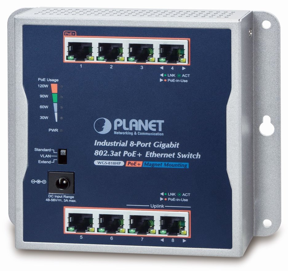 PLANET průmyslový/nástěnný PoE switch 8x 1Gb, 8x PoE 802.3at 30/120W, IP30, 48-56V, -20/+60st, fanless WGS-818HP