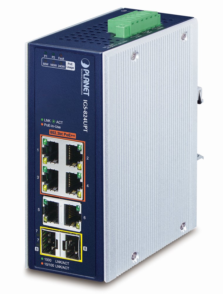 PLANET Průmyslový PoE switch, 6x1Gb + 2x1Gb SFP, 4x PoE 802.3bt 90/240W, -40až75°C, dual 48-54VDC, IP30, fanl IGS-824UPT
