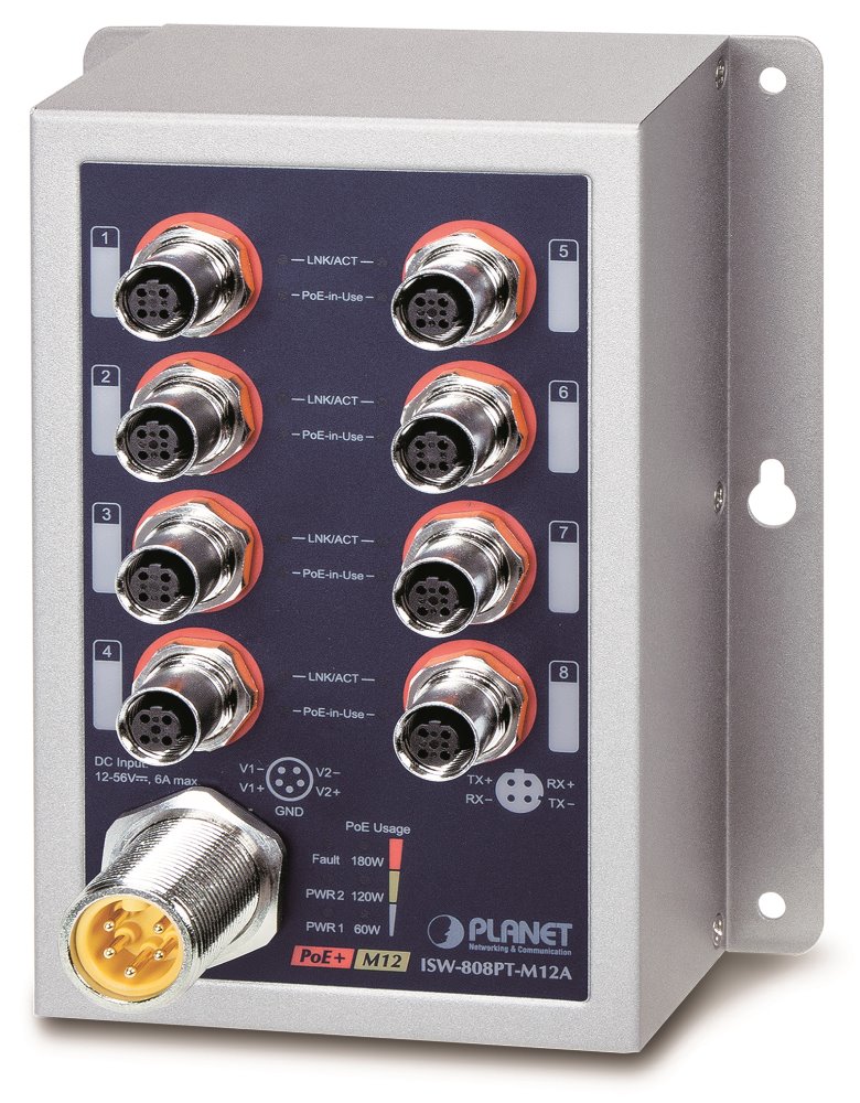 PLANET Průmyslový PoE switch 8x 100Mb, PoE 802.3at 36W/180W, IP50, -40~+75°C, 12-56VDC, M12 konektory ISW-808PT-M12A
