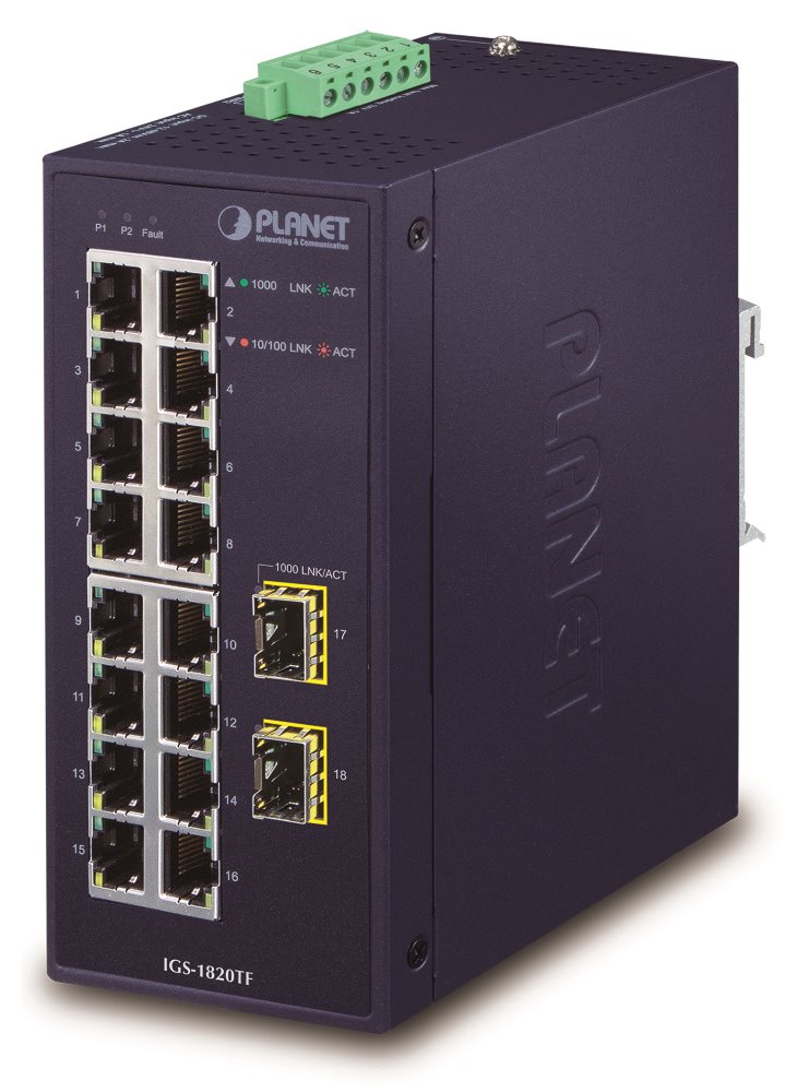 PLANET Průmyslový Switch 16x1Gb, 2xSFP, dual 12-48VDC/24VAC, -40~+75°C, fanless IGS-1820TF