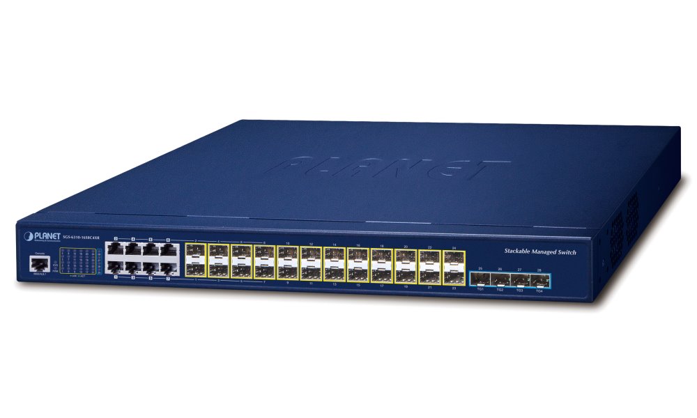 Planet SGS-6310-16S8C4XR L3 switch, 24x1Gb SFP, 8x1Gb LAN comb, 4x10Gb SFP+, HW/IP stack, VSF/Clust. switch, 2x power-i