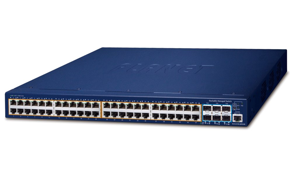 Planet SGS-6310-48P6XR L3 PoE switch, 48x1Gb, 6x10Gb SFP+, HW/IP stack, VSF/Cluster switch, 802.3at 740W, 2x power-in