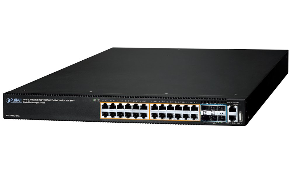 Planet SGS-6341-24P6X L3 switch, 24x1Gb, 6x10Gb SFP+, 24x PoE 802.3at 370W, HW/IP stack, VSF/Cluster, NIS2+NDAA