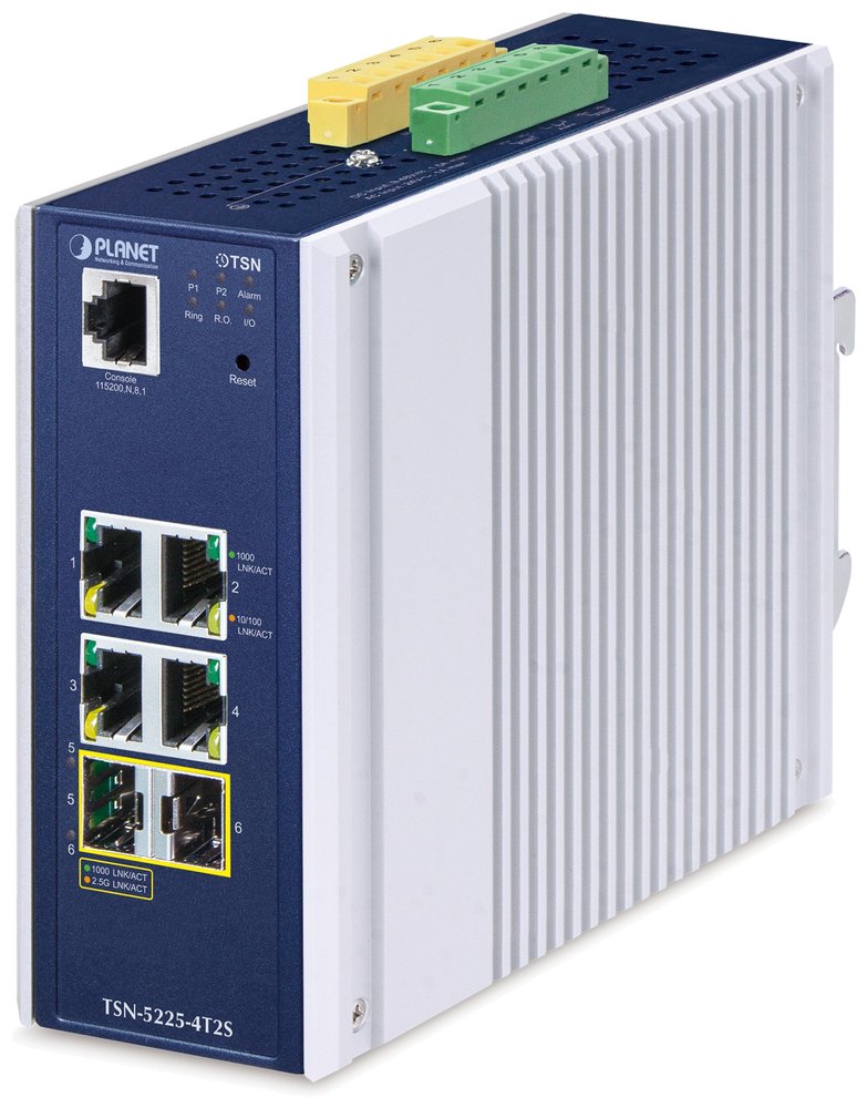 Planet TSN-5225-4T2S průmyslový TSN L2+ switch, 4x1Gb, 2x2.5G SFP, 1x RJ45-to-RS232, RING, 1588PTP, -40~75°C