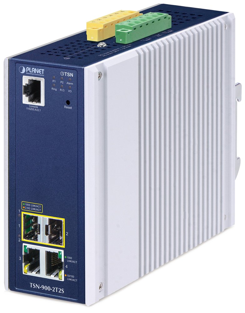 Planet TSN-900-2T2S průmyslový TSN media konvertor, 2x1Gb, 2x2.5Gb SFP, 1x RJ45-to-RS232, RING, 1588PTP, -40~75°C